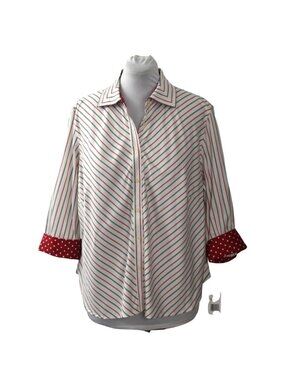 Jones New York Signature Womens Striped Shirt Red Polka Dot Cuffs Size 2X Cotton